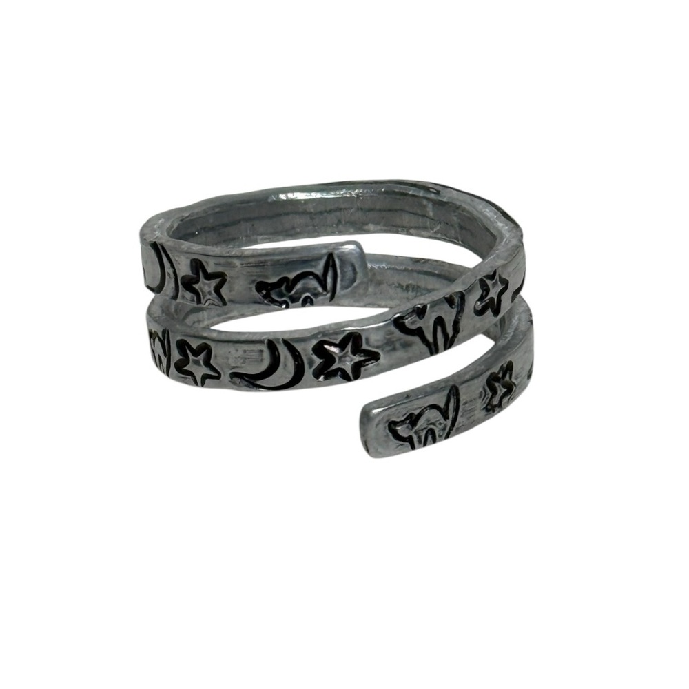Handmade stamped witch core celestial black‎ cat silver adjustable wrap ring